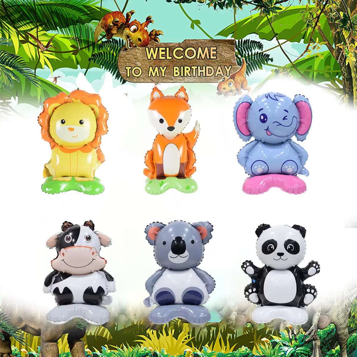 Standing Helium Animal Balloon Elephant Lion Kara Stegosaurus Cow Panda Standing Foil Balloons With Base For Birthday Decoration
