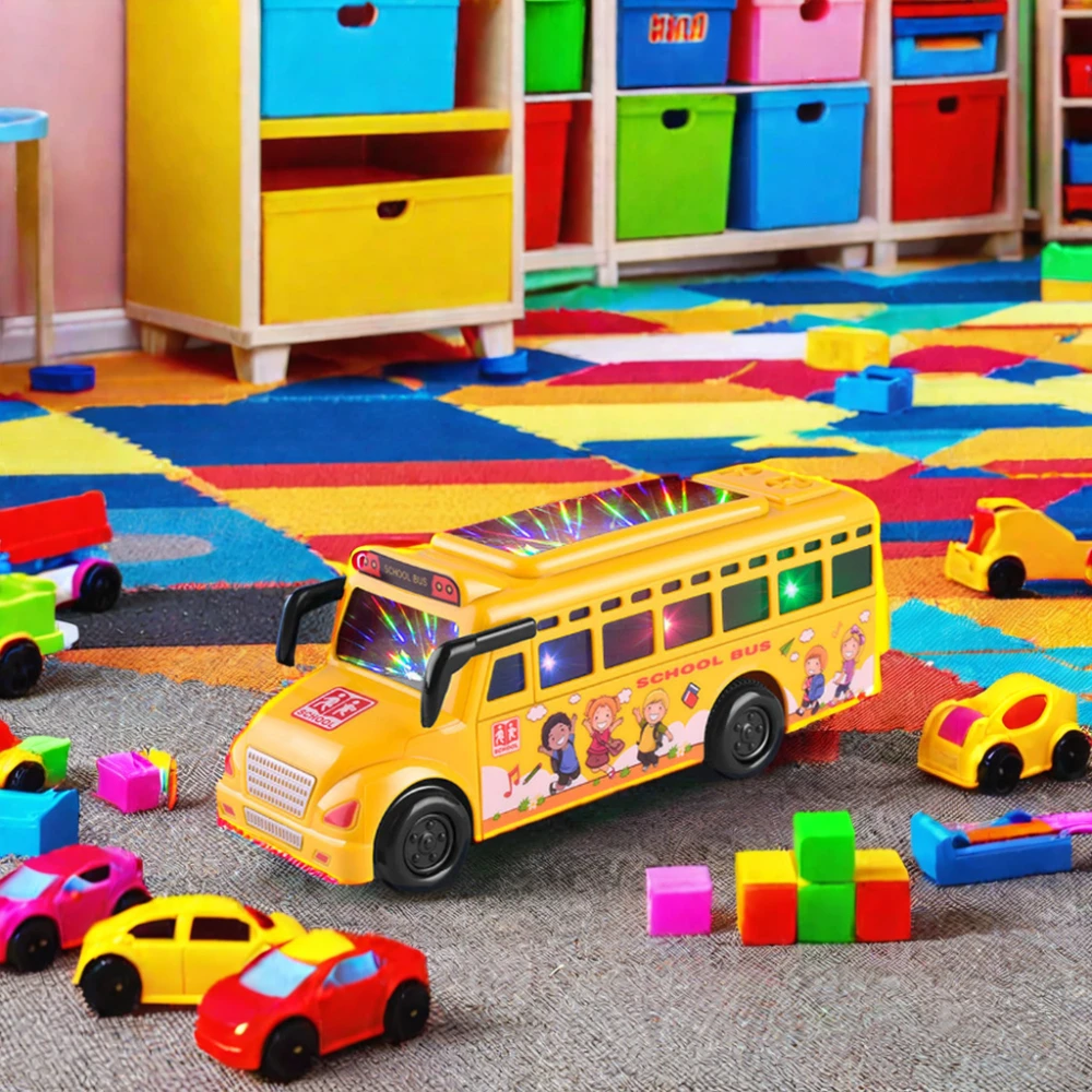 3D Yellow School Bus Toy for Kids Unisex Plastic Electric Friction Power with Light & Sound Simulation Function Car Type Bus