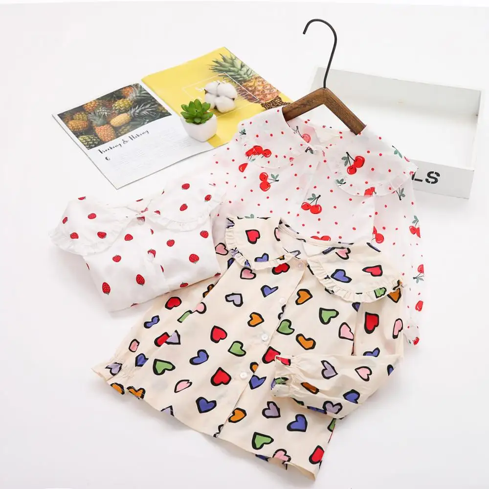 Осенняя рубашка-блузка в виде вишни для девочек, детские базовые рубашки с длинным рукавом и красочным принтом сердец, топы