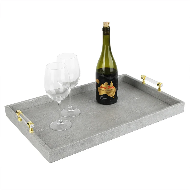 luxury  shagreen leather tray wedding with acrylic handles golden metal accessories