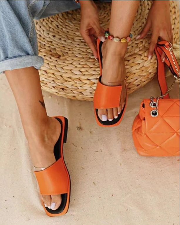 2021 African Stylish Summer White Orange Sexy Square Toe Flat Heels Jelly Slippers Outdoor Casual Beach Women Slides Slippers