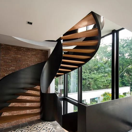 Custom Carbon Steel Spiral Stairs Cast Iron Curve Staircase With Wood Treads