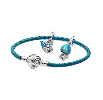 2023 Новое поступление оригинальный 925 стерлингового серебра синий кожаный браслет с застежкой в виде ракушки женский