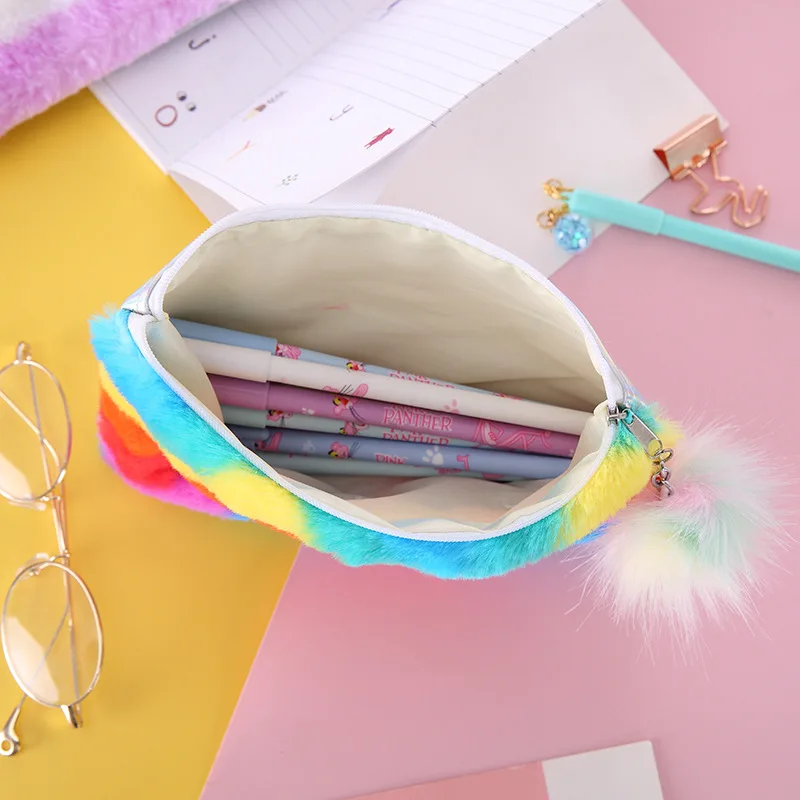 Милый большой плюшевый пенал с меховым помпоном, пенал для девочек, плюшевый пенал, кавайная сумка для макияжа, школьные принадлежности, канцелярские принадлежности