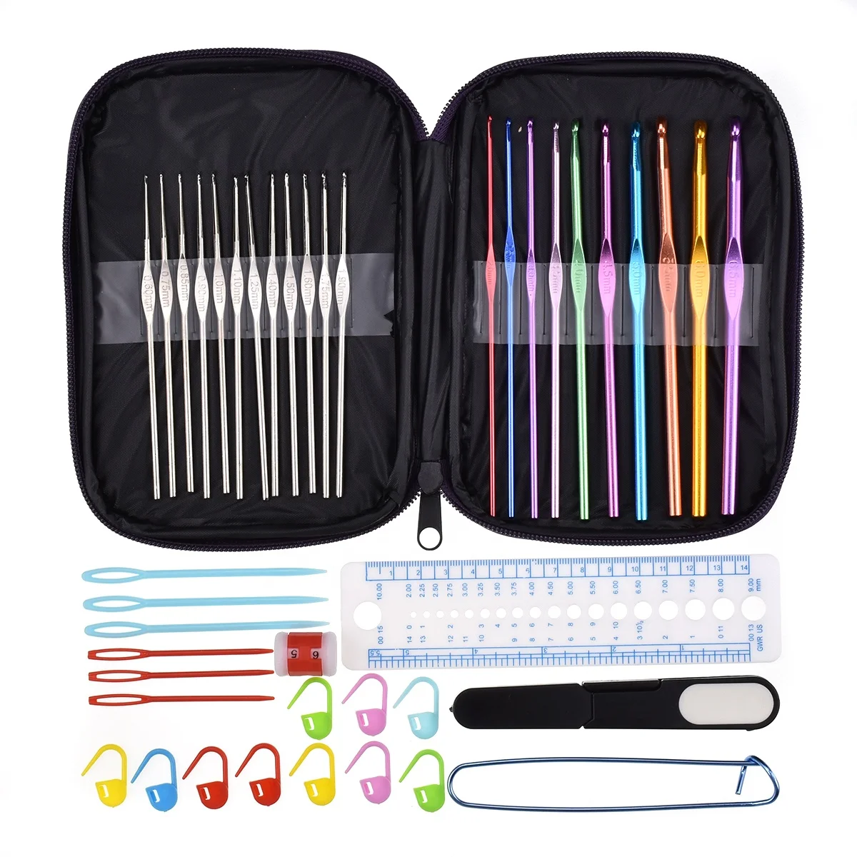 Professional 22pcs Mixed Multi-color Aluminum Handle Crochet Hooks Ergonomic Knitting Needles Weave Yarn Set For Beginners