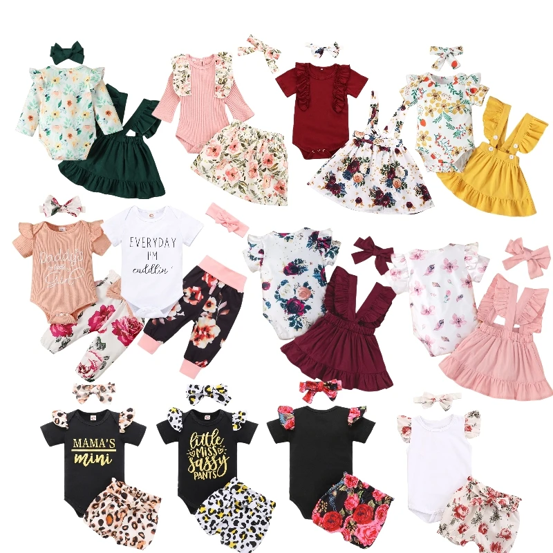 Newborn Infant Baby Girls Summer Romper Print Shorts Headbands Outfits