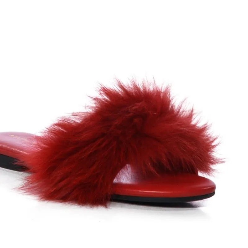 Wholesale Price Women Fashion Foxy Fur Flat Slippers Ladies Slip On Wide Real Fur Outdoor Slippers Sandals