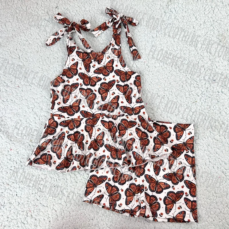 DH ODM New design custom butterfly bamboo fabric tie peplum top biker shorts toddler clothes baby girls clothing sets