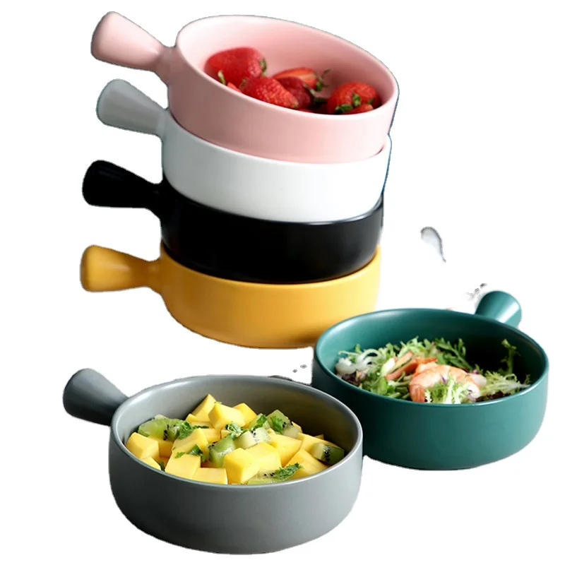 Ceramic pan solid color matt glaze bowl with handle ceramic soup bowl