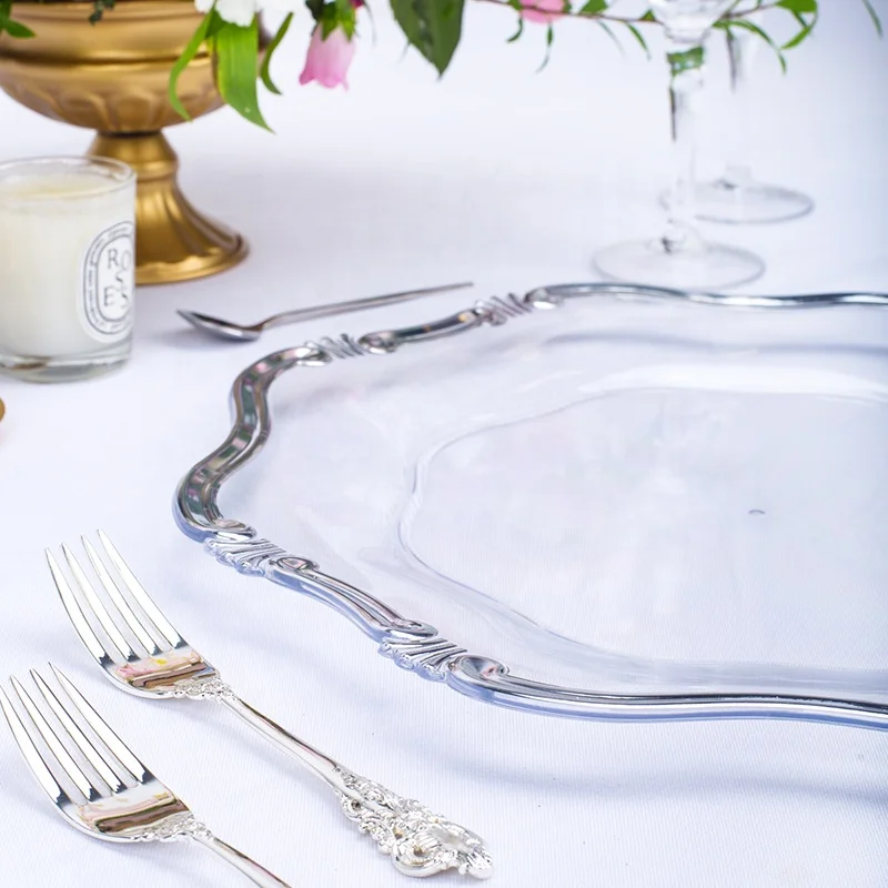 13 inch elegant wholesale acrylic plastic clear silver charger plates wedding decoration gold rim cheap plate chargers wholesale