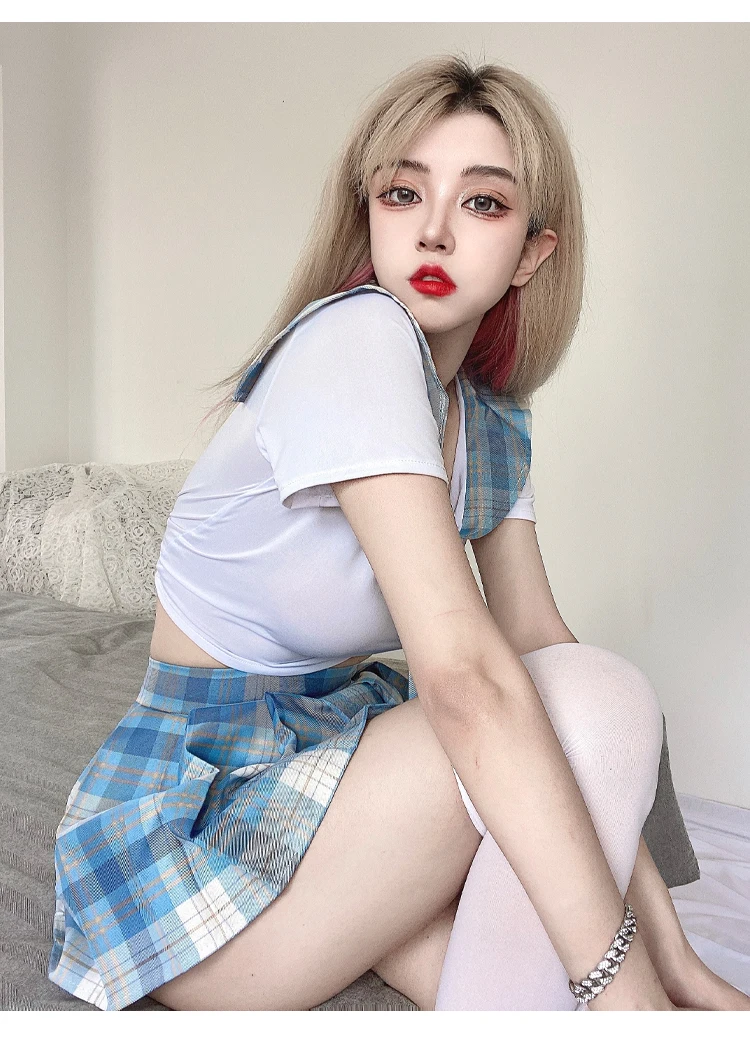Womens Girl Sexy Schoolgirl Lingerie Set Japanese Anime Roleplay Outfits Uniform Sets Shirt with Plaid Skirt