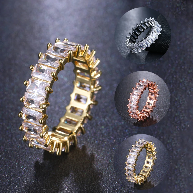 Fashion Jewelry Luxury Bling Bling Sparkle Eternity Real 18K Gold Plated Simulated Diamond Cubic Zirconia Baguette Ring