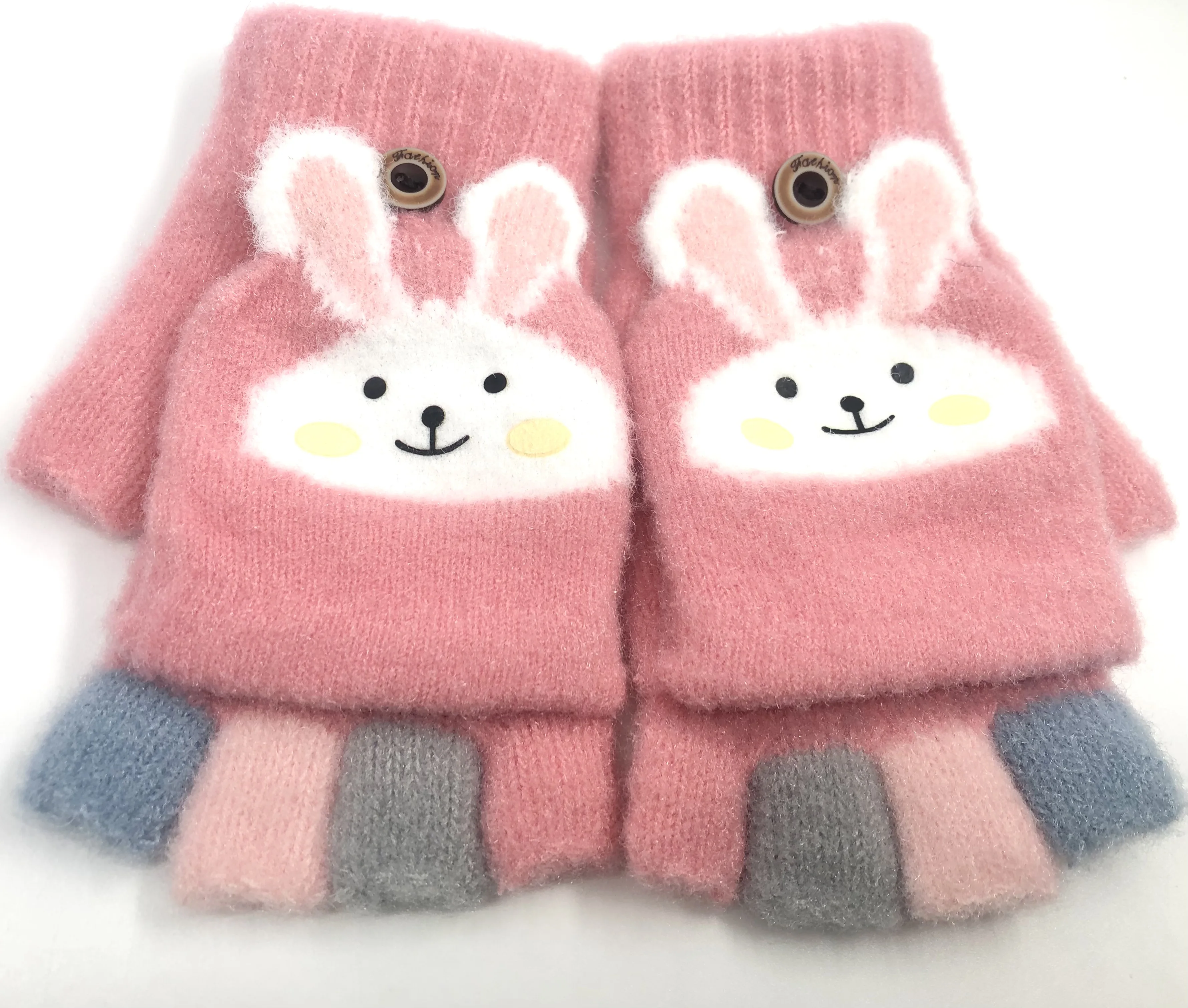 Factory Directly sale Half fingers with cap warm gloves ,cute rabbit jacquard gloves Low price Wholesale kids winter gloves