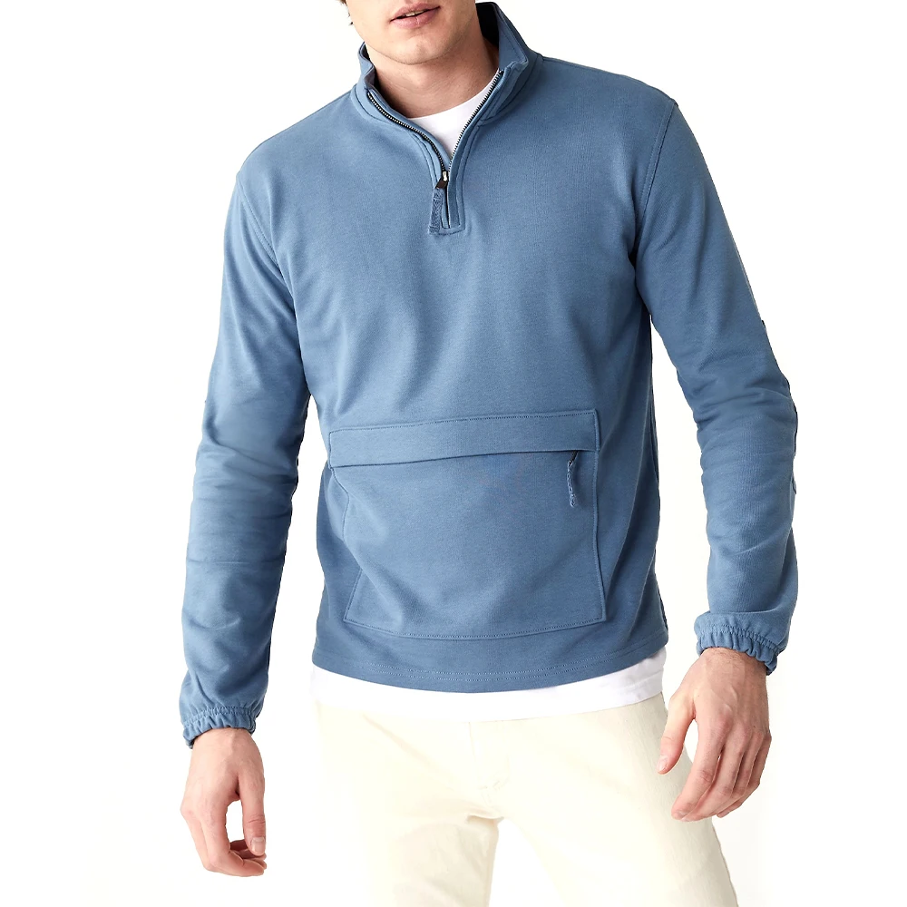 100% Cotton Long Sleeve Men Blank Sweater Half Zip Cotton Street Funnel Neck Boys Autumn Comfy Sweatshirt