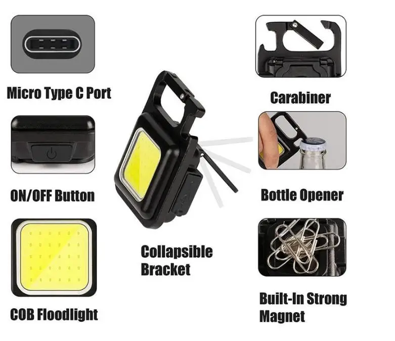 Wholesale New multi-function Magnetic flashlight USB Type-C charging light COB keychain flashlight with bottle opener