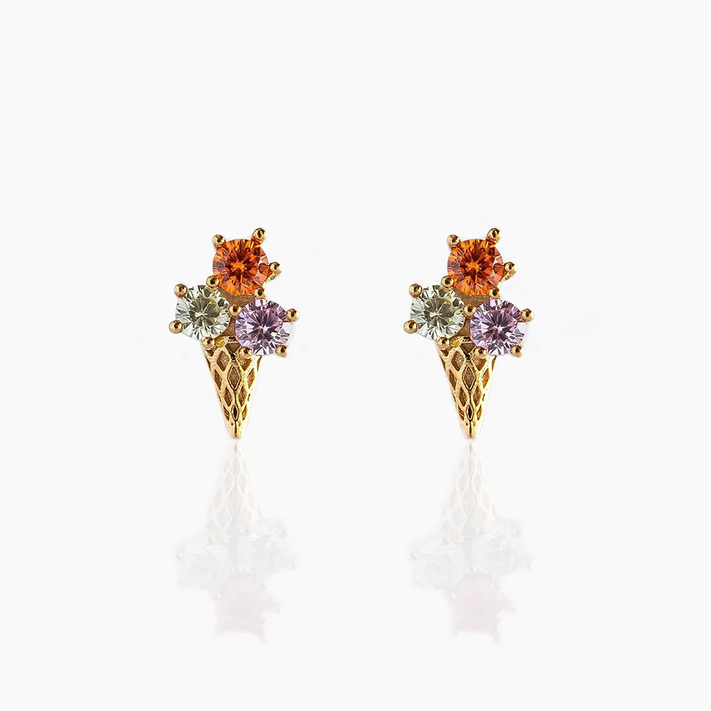 Creative Design Gold Plated Cubic Zirconia Earrings Wholesale 925 Silver Pin Cute Ice Cream Food Stud Earings