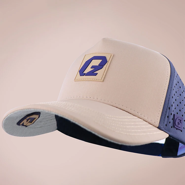 Qianzun two tone custom rubber logo waterproof performance golf hat laser cut drilled hole polyester 5 panel baseball cap