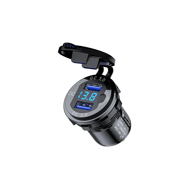 12V/24V Waterproof Dual QC3.0 USB Car Charger socket with LED Digital Voltmeter and ON-OFF switch