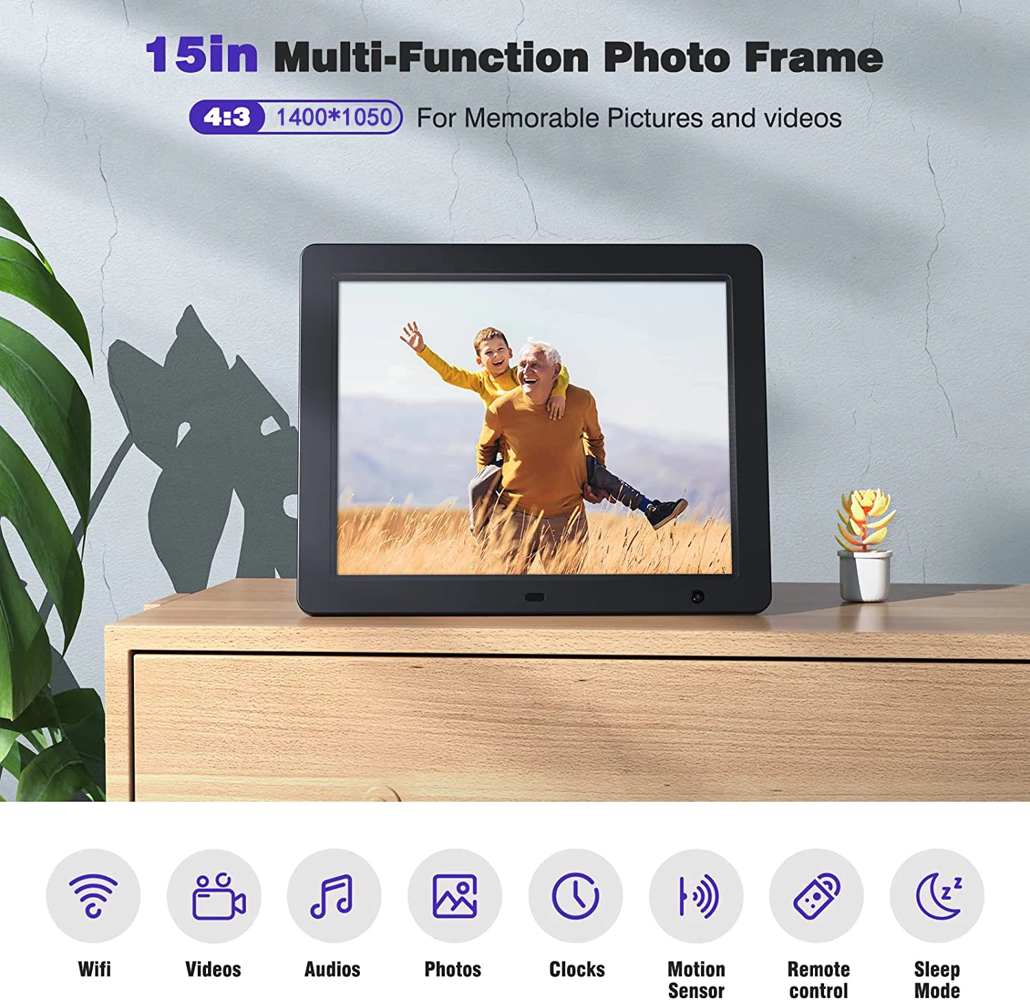 IPS Touch Screen 1400x1050 Smart Cloud 16GB ROM 15 inch WiFi Digital Photo Frame with Motion Sensor