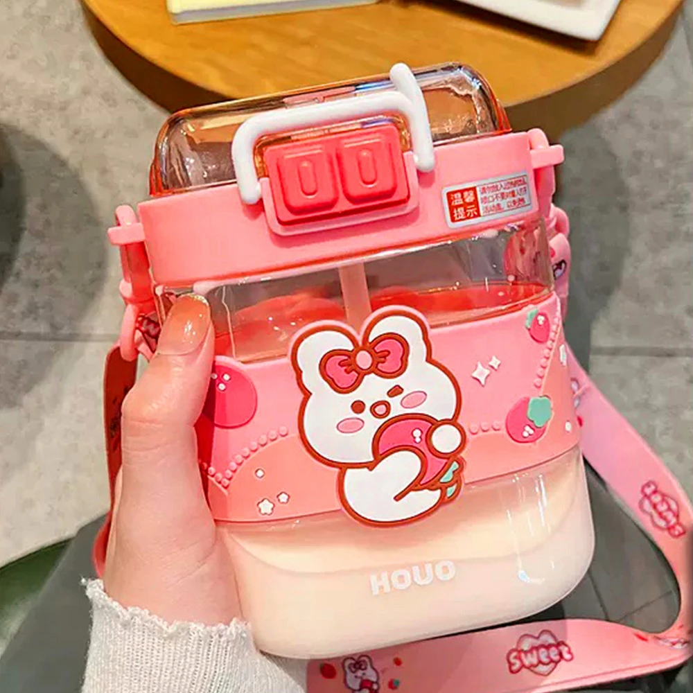 J96 portable strap students plastic water bottle with straw 560ml Cute rabbit cartoon square plastic water bottle for kids