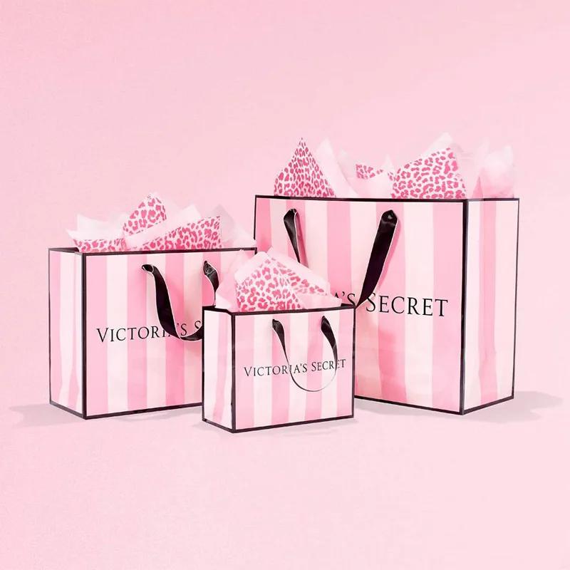 Women Fashion Accessories Packing Pink Gift Bags Custom Logo Paper Shopping Carrier Bag With Drawstring Black Ribbon Handle