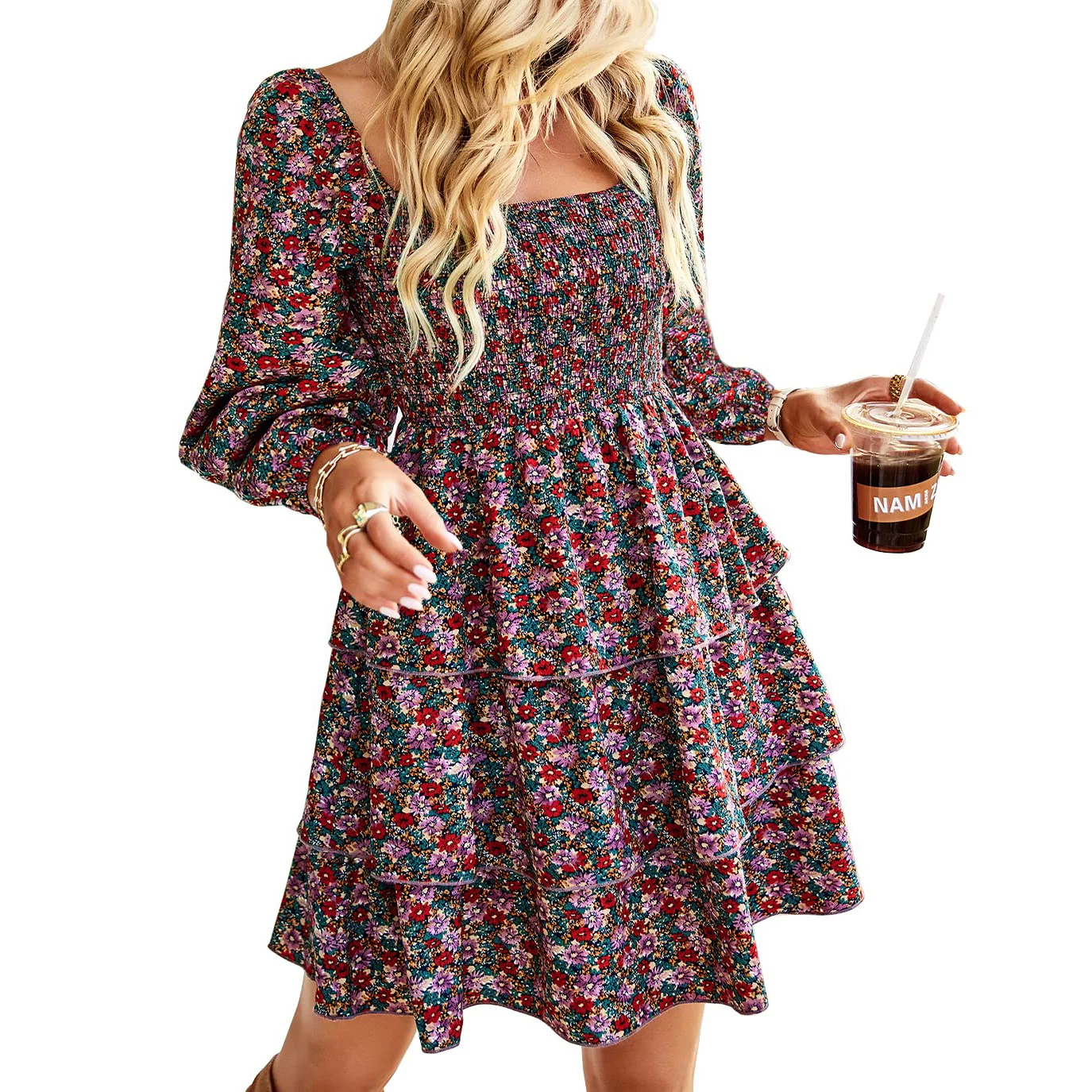 omen Spring Summer Square Neck Smocked Dresses Long Sleeve Floral Swiss Dot Ruffle Party Mini Babydoll Dress