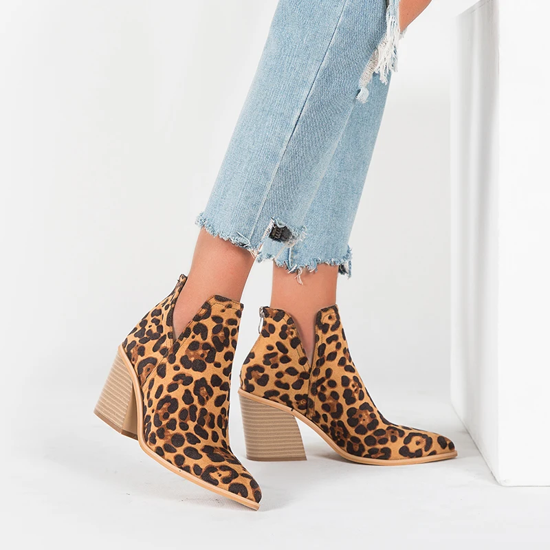 Customized Leopard Print Short Boots High Heel Martin Boots Chunky Heel Pointed Toe Zipper Ankle Nude Boots For Women