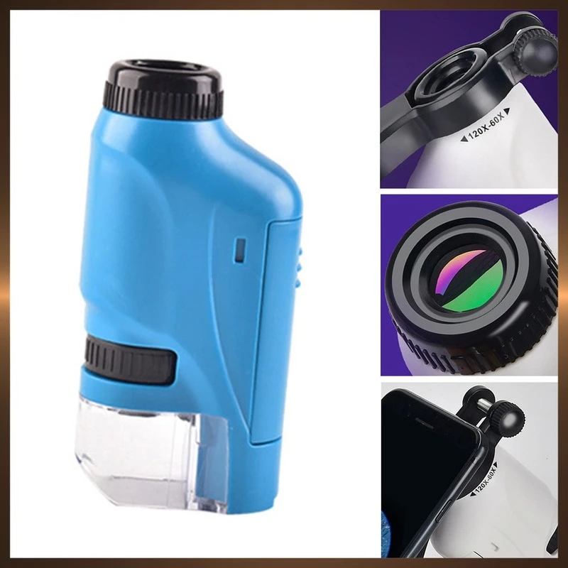 Mini Pocket microscope Kit 60-120x Lab Handheld microscope Battery Powered microscopes  With LED Light Kids Science tool
