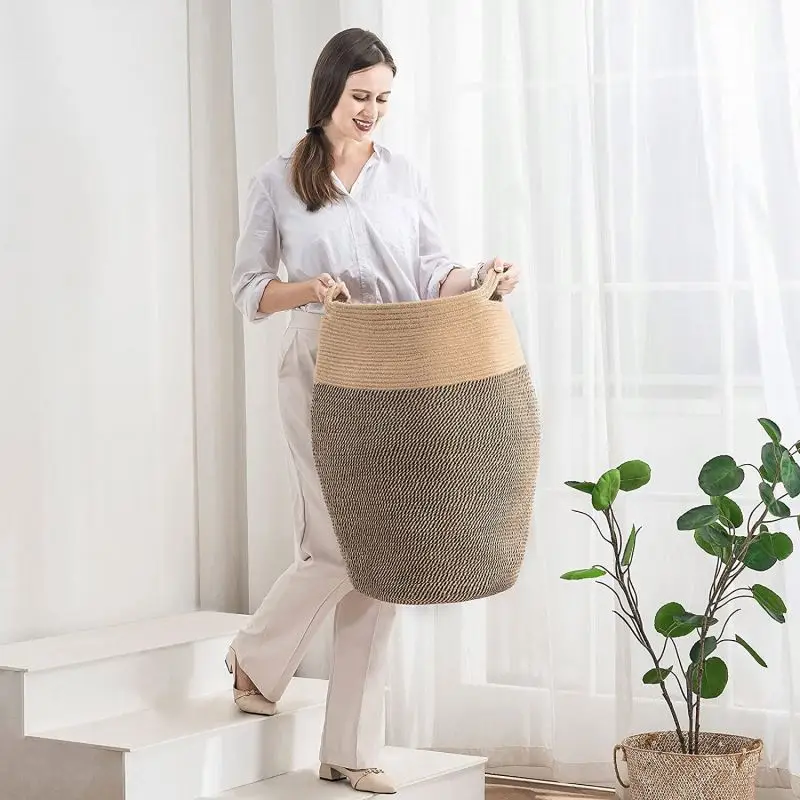 Natural colour handmade 100% cotton rope storage basket Modern Woven dirty Storage Basket Laundry Basket For Floor Indoor