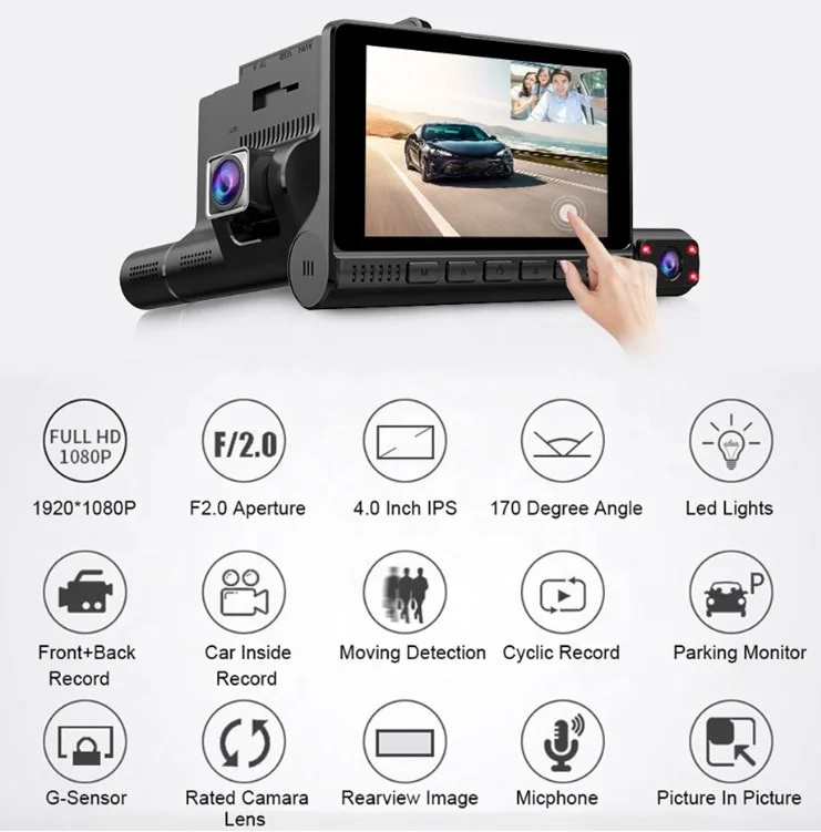 RTS 3 Lens Driving recorder 1080P HD Car DVR Dash Cam Video Recorder with rear camera and motion detection parking guard