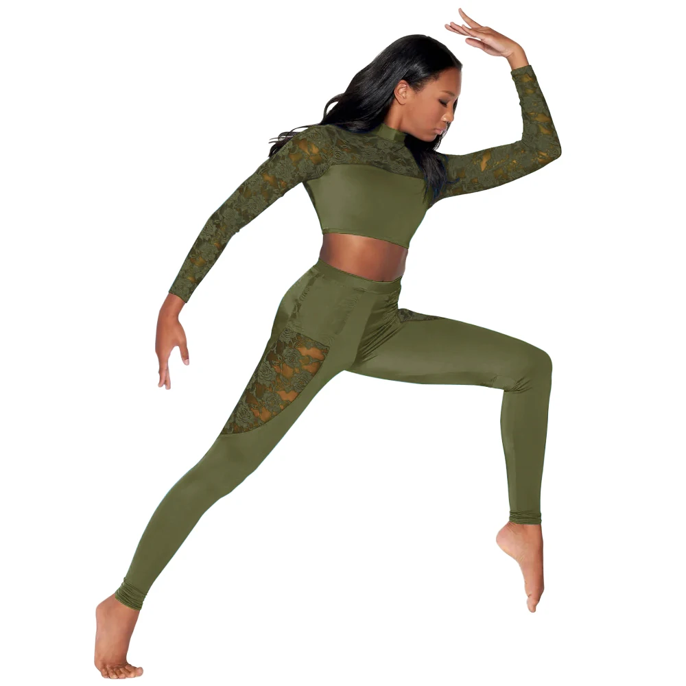 MiDee Sexy Lace Jazz Dance Clothes Women Long Sleeves Crop Top Leggings 2 Piece Set Street Dance Wear for Cool Girl Kpop Outfit