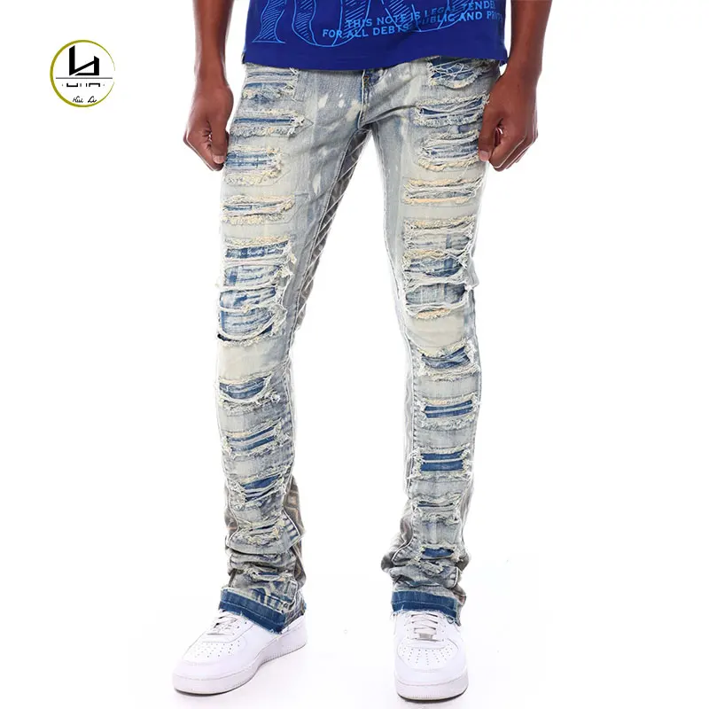 HL factory wholesale fashion street wear casual denim pants patterned patchwork jeans men distressed skinny jeans custom