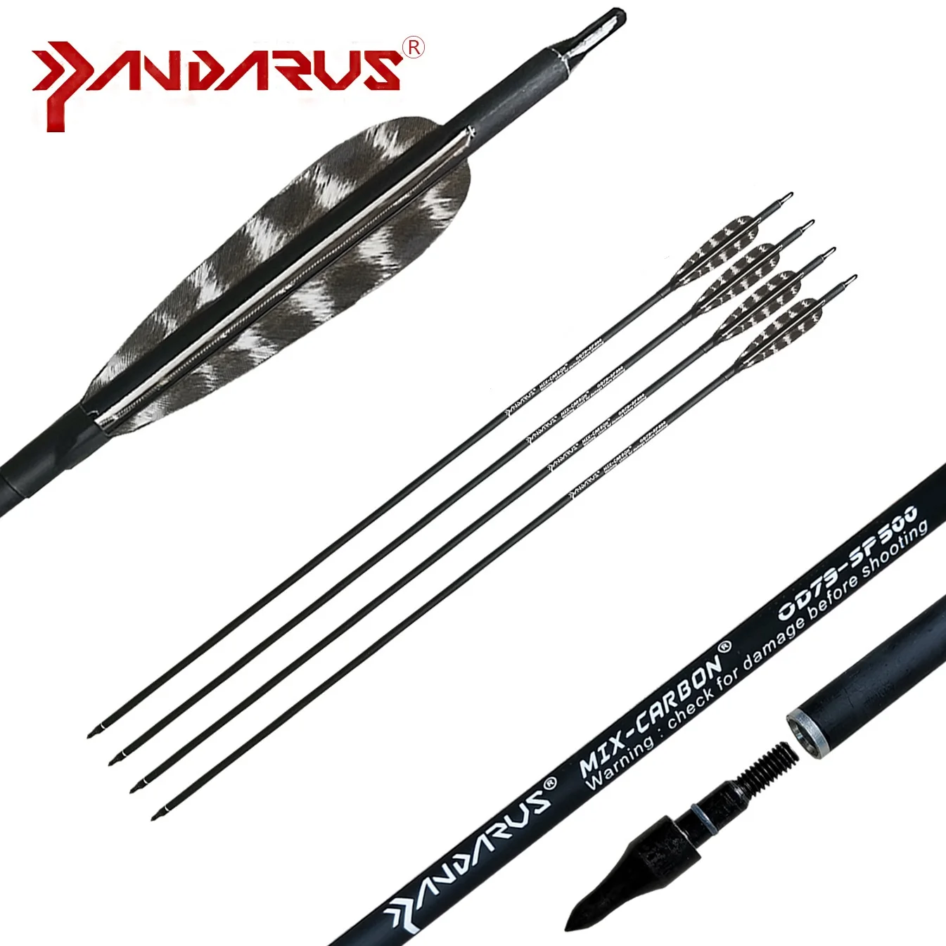 PANDARUS Archery 7.8mm OD turkey feather mix carbon arrows for recurve compound bow traditional recreational practicing shooting