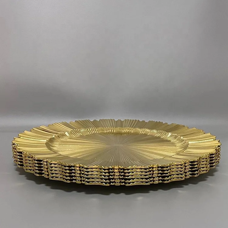 Metallic gold sunray acrylic plastic serving plates plating decoration plastic round chargers for table setting