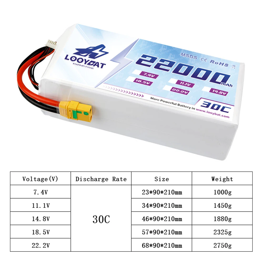 LOOYBAT Plant Protection Drone Lithium Battery 22000mAh 3S 4S 6S 22.2V 25C Drone FPV Flying LCO Lipo Batteries With XT90