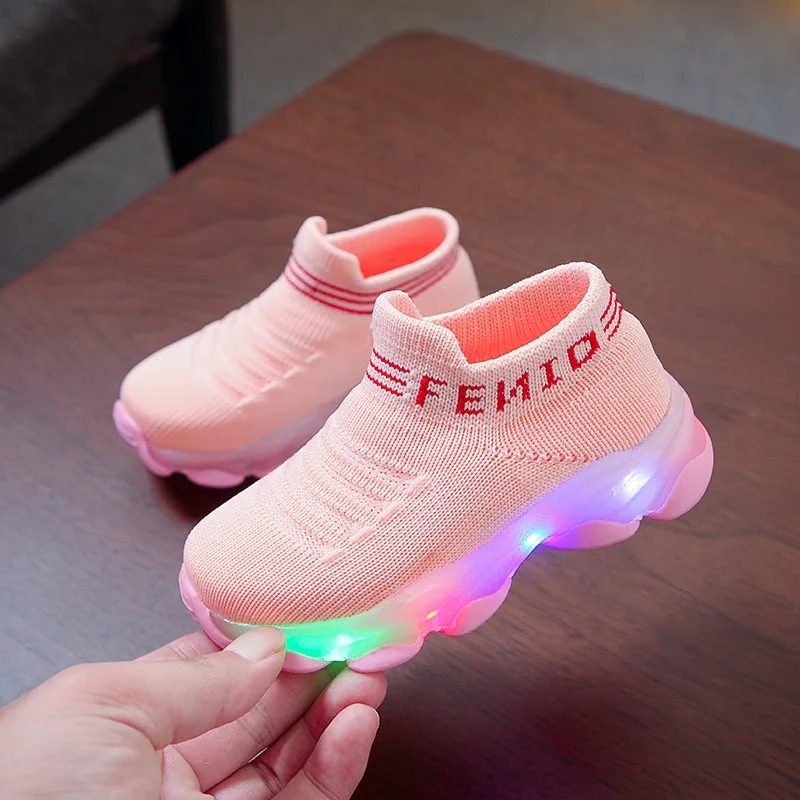Kids Sneakers Children Baby Girls Boys Letter Mesh Socks Sport Run Sneakers shoe Waterproof Fiber Optic Glowing baby Shoes
