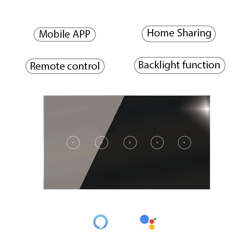 147 Type Wi-Fi  Universal 5 Gang SmartTouch wall Switch with Tuya App Remote Control and Backlight Function