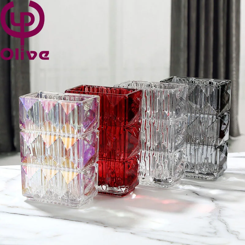 Thickened Murano glass vase 3d printed vase square finely engraved glass transparent water flower vase table home decoration
