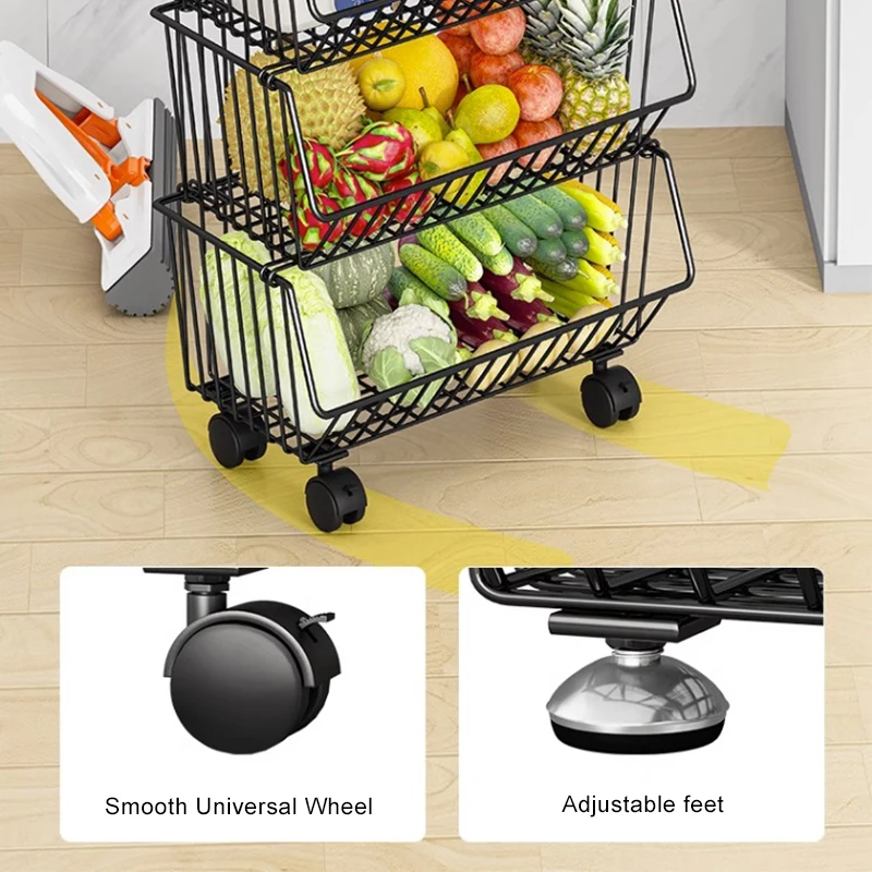Modern 5 Layer carbon steel kitchen organizer vegetable basket shelf with universal Wheels Removable Shelving Fruit Storage Rack