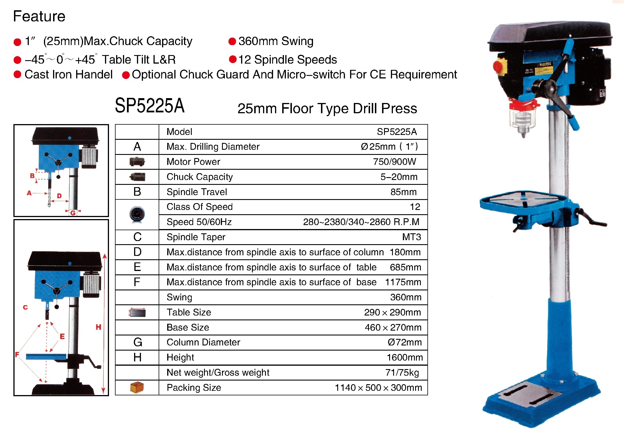 1600mm height floor type drill press 25mm factory SP5225A