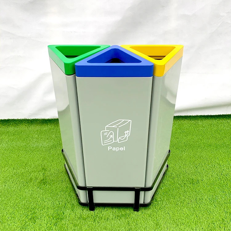 High Quality Stainless Steel Trash Can 3 Containers Metal Dustbin Commercial Garbage Waste