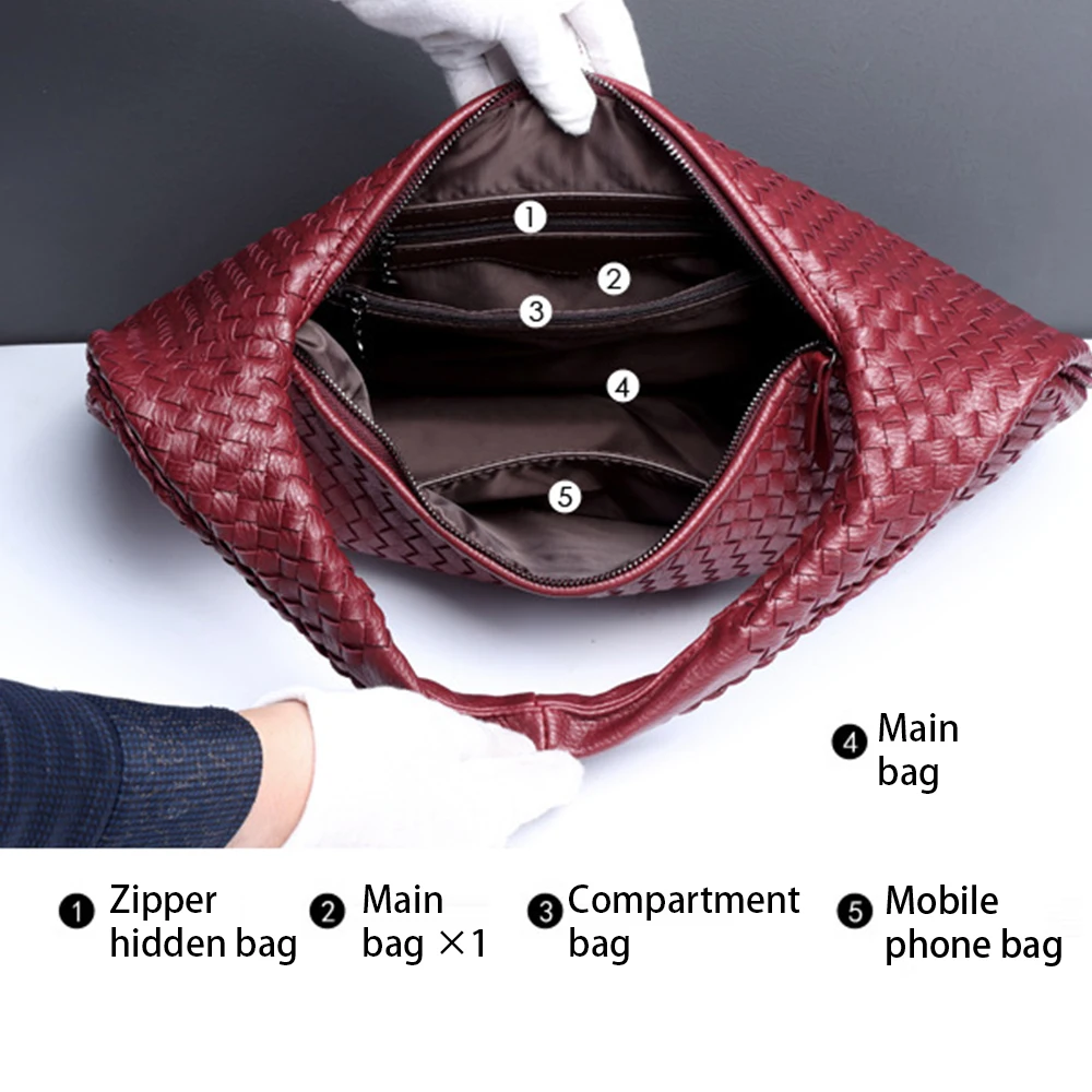 Dropshipping Woven Bag Vegan Leather Hobo Handbags for Women Top-handle Shoulder Tote Braided Bag Underarm Purse