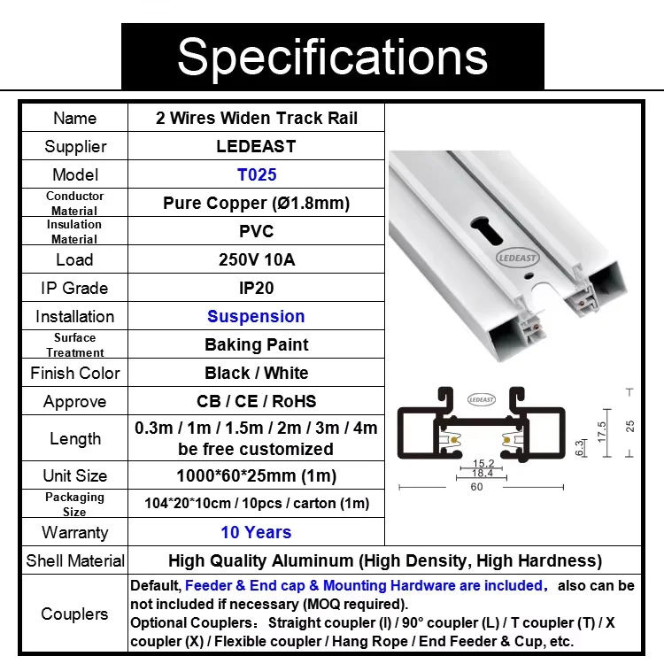 LEDEAST T025 Aluminum Track Rail Bar Widen Suspension 2 Wires Single Phase Track Line for track lighting
