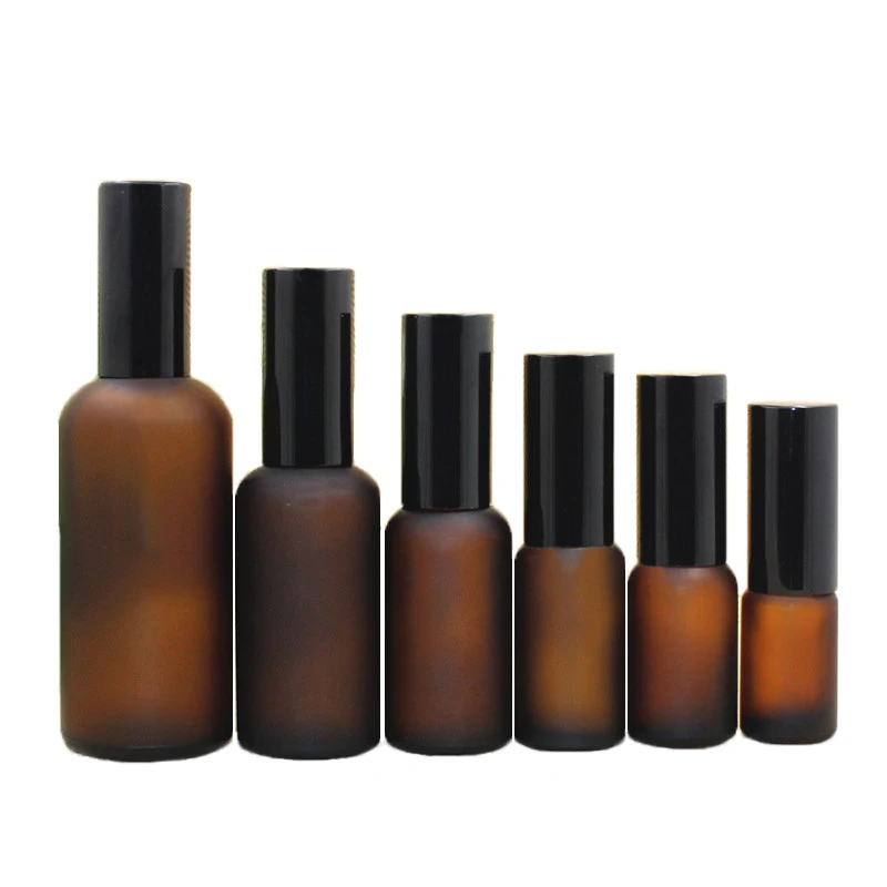 Wholesale empty frosted amber glass essential oil perfume bottles with black Fine Mist Atomizer sprayer 10ml 30ml 50ml 100ml