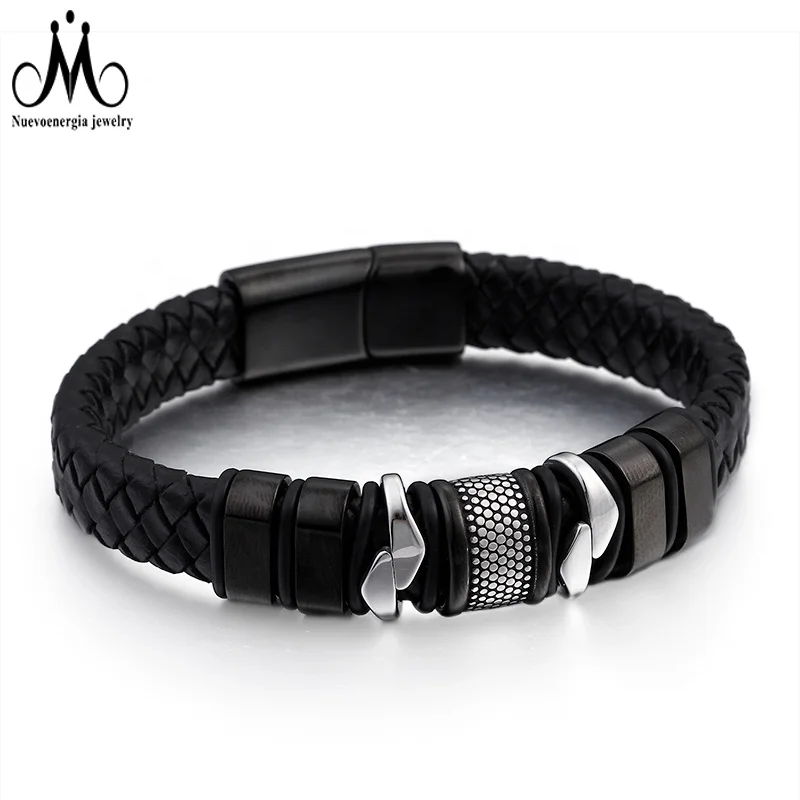 High Quality Black Magnetic Clasp Braided Leather Men Bracelet Stainless Steel Jewelry