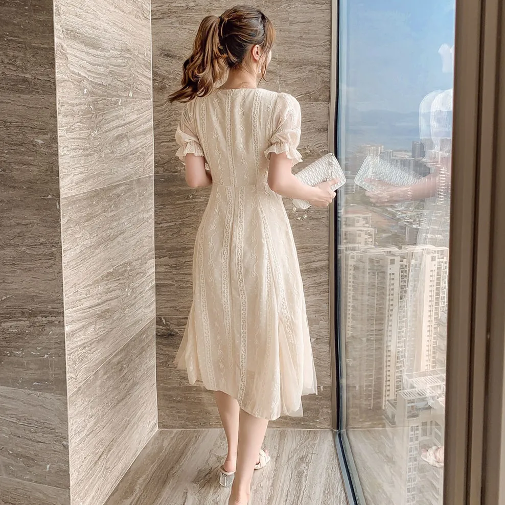 Beading Women Mesh Midi Dress Summer Apricot Sweet Tulle Chiffon Elegant Ruffle Sleeve Long Evening Dresses For 2022