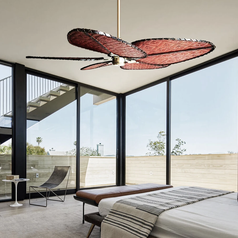 Island Fan Natural Hand-woven Rattan 5 Blades 52cm Remote Control Ceiling Fan