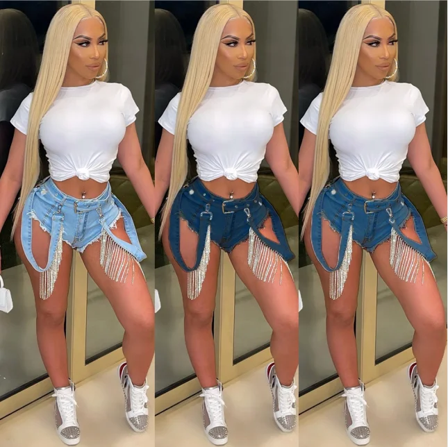 2022 Women Plus Size Rhinestone Jeans Denim Pant Ladies Jeans High Waist Summer Clothing Denim Trousers Pants Shorts For Women