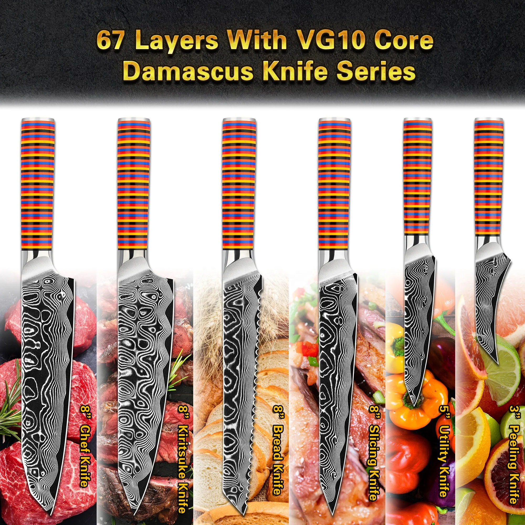 10% off RTS coloured kitchen knives set G10 Handle vg10 damascus knife set 62 hardness with rainbow G10 handle