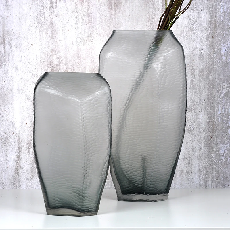 European Style Simple Cut Mouth Frosted Grey Hand Carved Glass Vase Creative Home Decoration Vase